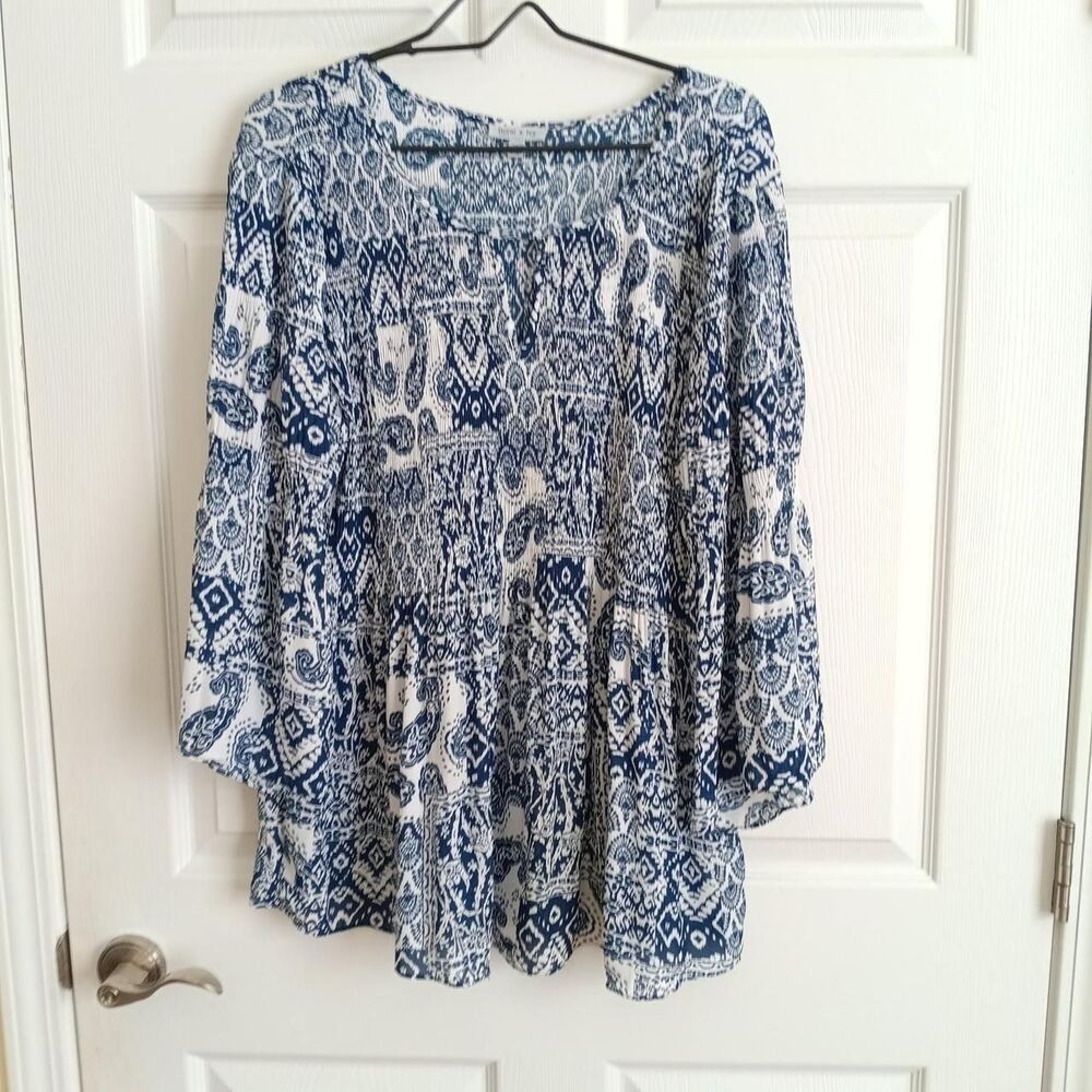 Floral & Ivy Blue Paisley Crinkle Pleated Tunic Boho Blouse Size 1X